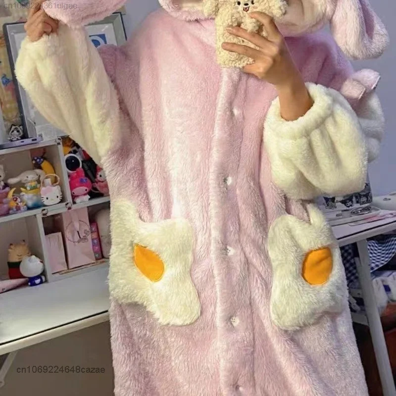 Sanrio Melody Plush Robes Y2k Cartoon Soft Pink Nightgown Hooded Women Cardigan Fluffy Long Pajamas Female Kawaii Home Clothes