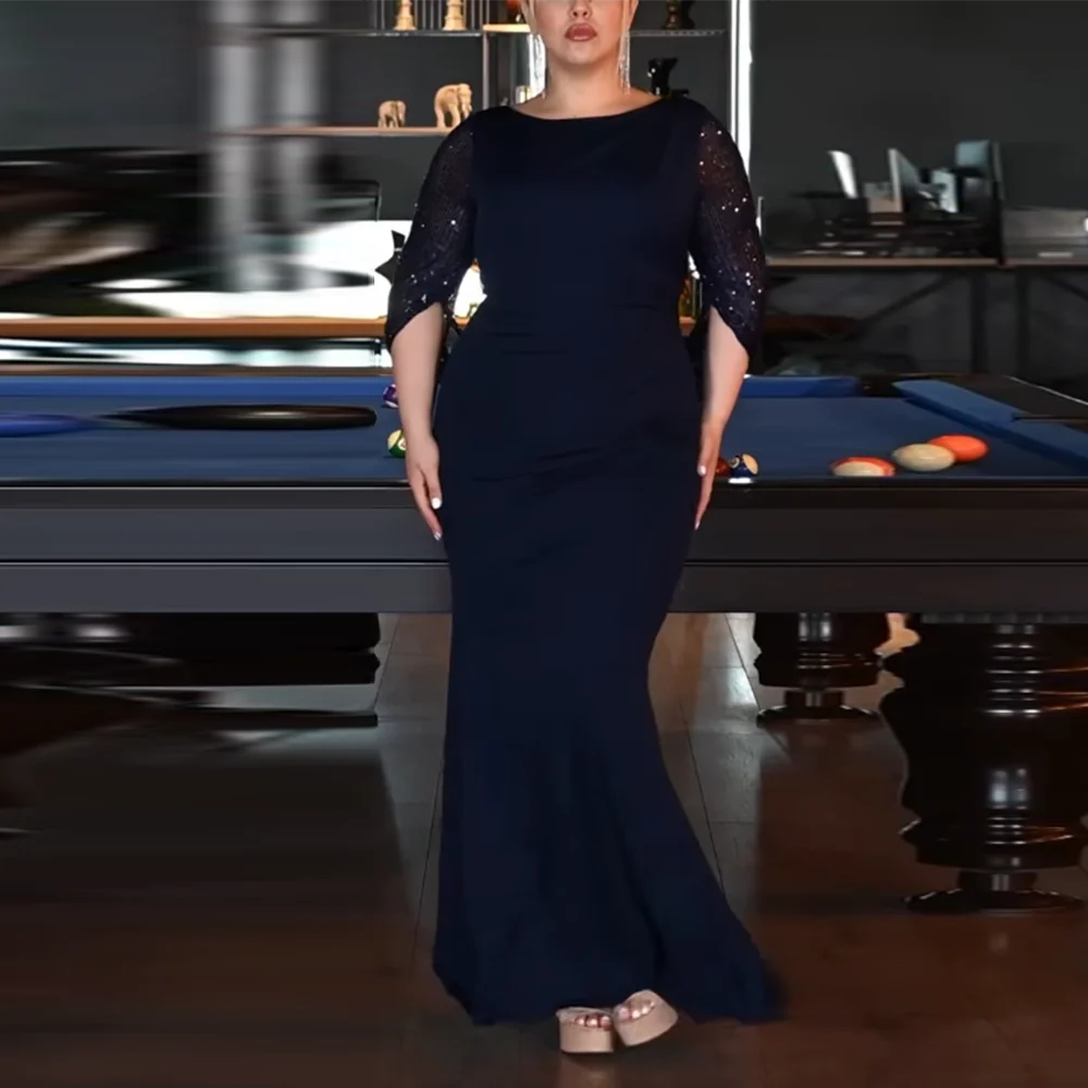 

Customized Scoop Neck Evening Dresses Backless Full Sleeve Sequined mermaid Prom Gown Navy Blue Long bride's mother's dress