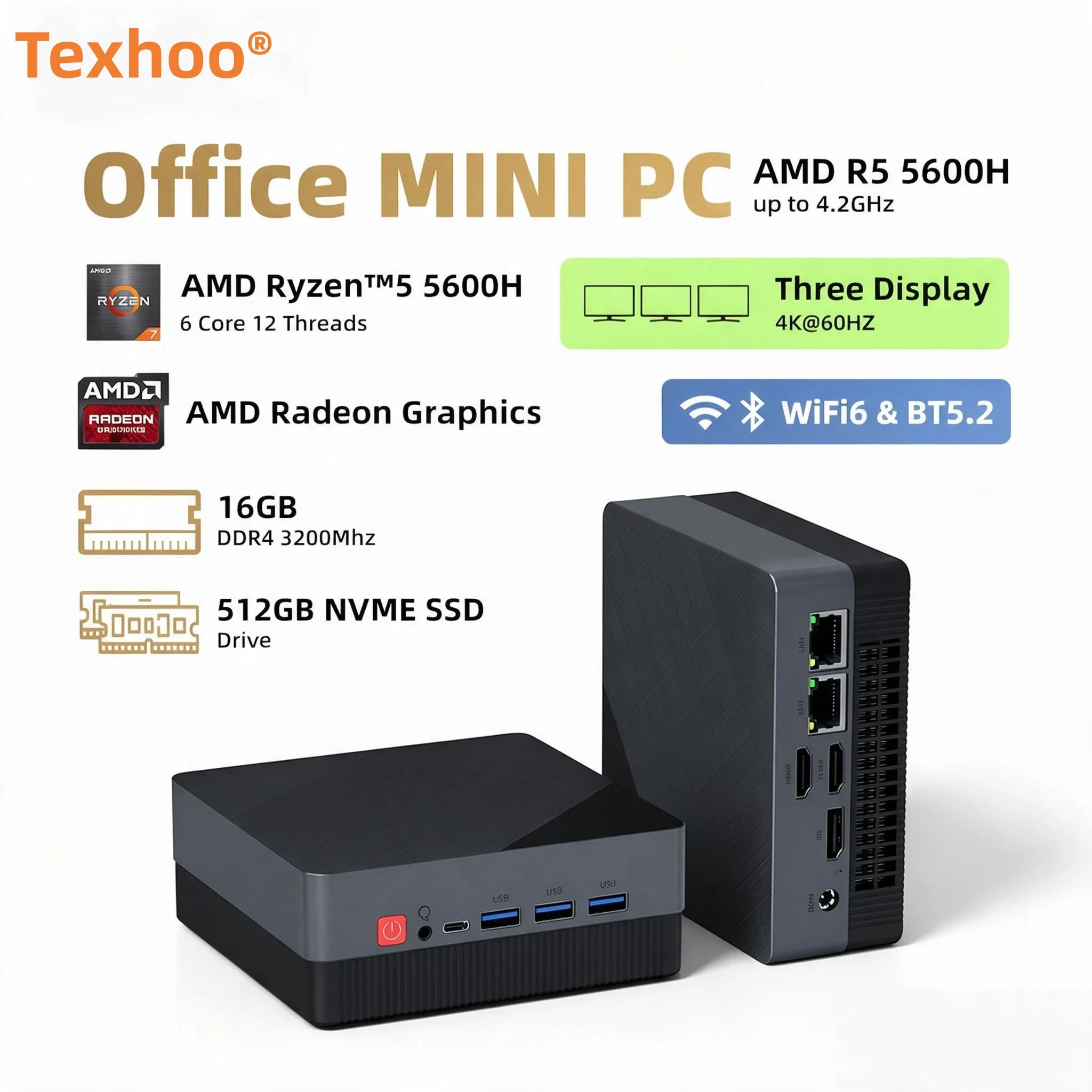 Texhoo AMD Ryzen5 5600H 5600U MINI PC 4.2GHz Windows 11 Pro 16GB DDR4 RAM 512G Pcle3.0 ROM WIFI6 BT5.2 Desktop Office Computer