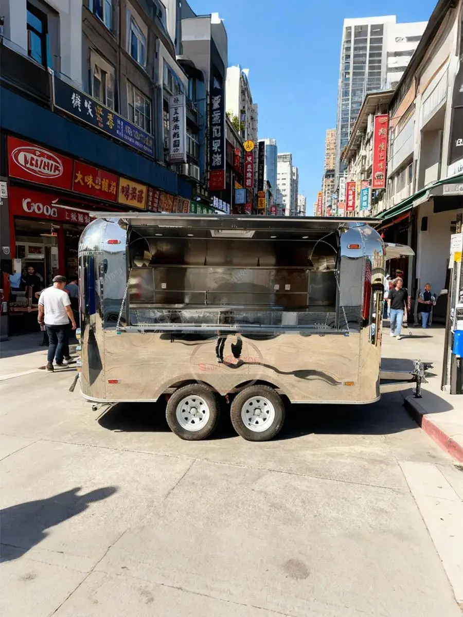 Outdoor Food Trailer Stainless Steel Dual-Wheel Towing Easy Mobile Kitchen Stand for Street Food Catering