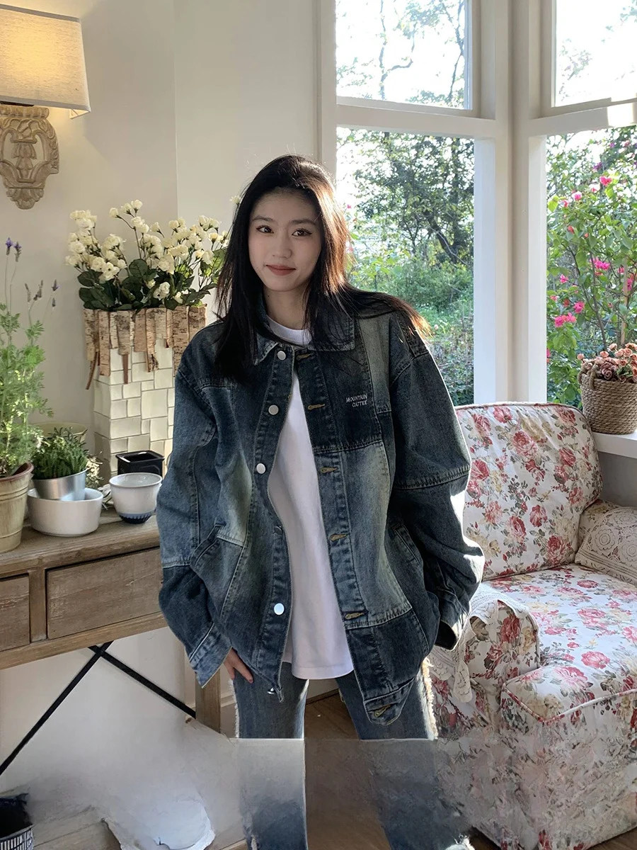 

Джинсовая куртка в стиле ретро синего цвета в стиле пэчворк, женская свободная осенняя маленькая дизайнерская цветная джинсовая куртка с блузками, винтажное пальто с оранжевым деревом