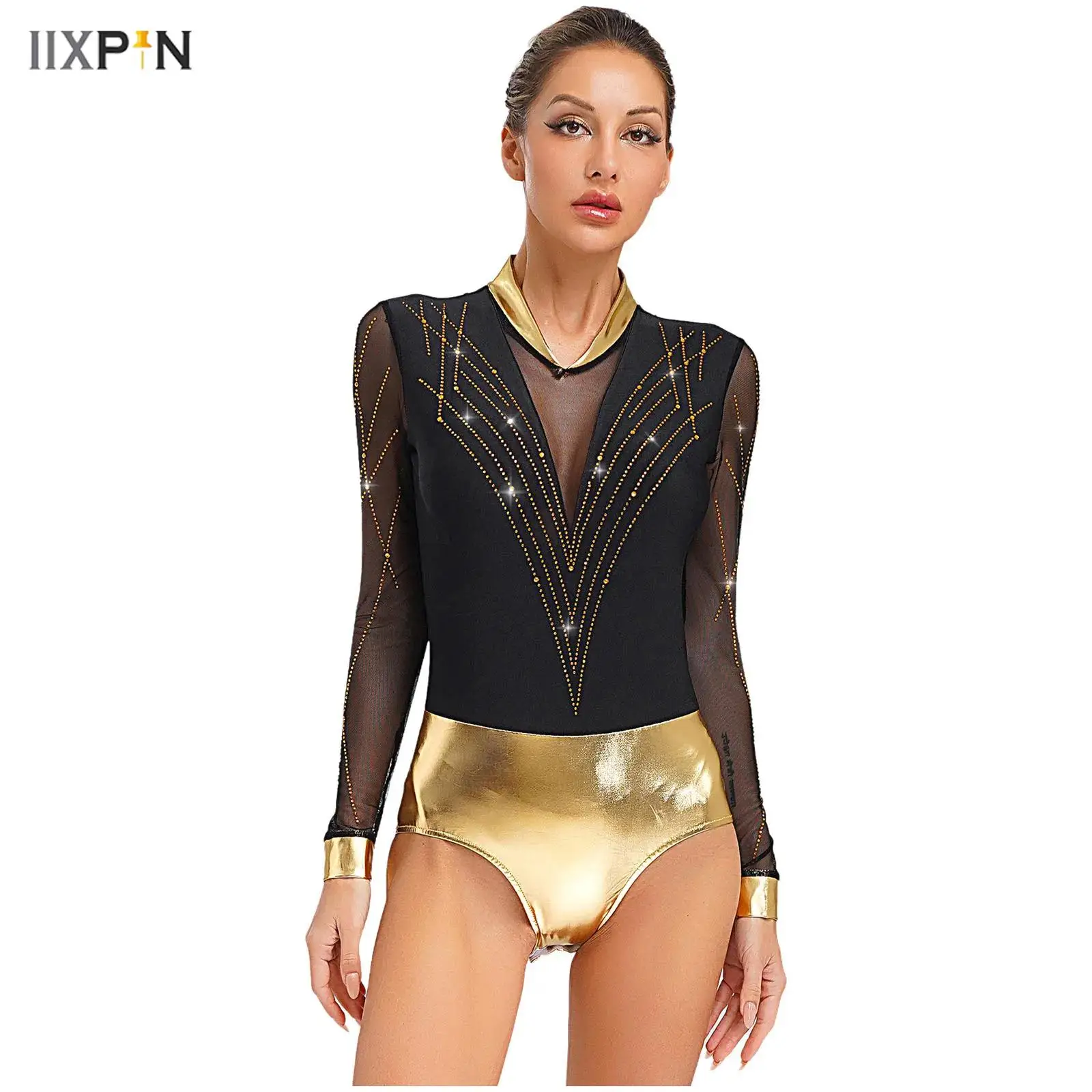 

Womens Figure Skating Dance Costume Color Block Shiny Rhinestones Metallic Patchwork Leotard Sheer Mesh Long Sleeves Bodysuit