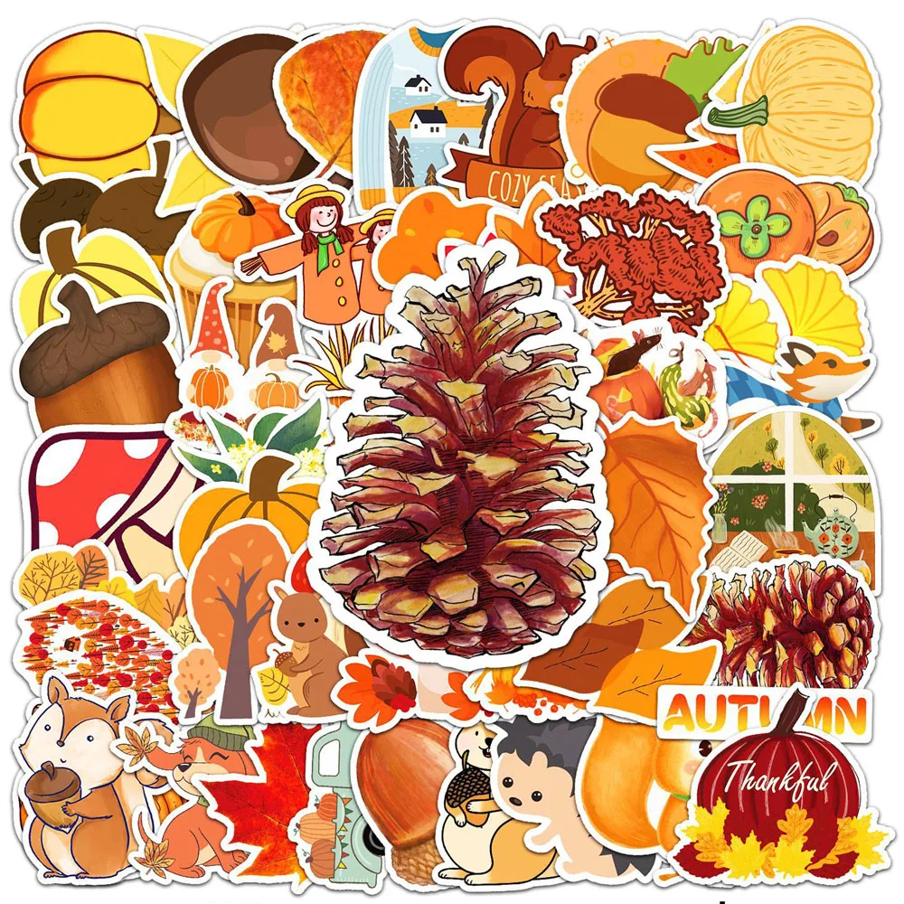 

10/30/50pcs Funny Cartoon Autumn Theme Stickers Squirrel Pinecone Pumpkin Decals Notebook Luggage Phone Guitar Sticker Toy Gift