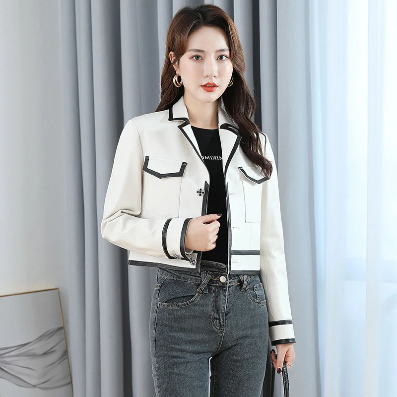 

2023 Women Real Leather Biker Jackets Office Lady Short Sheepskin Slim Coat Fashion Single Breasted White Outerwear Female M-3X