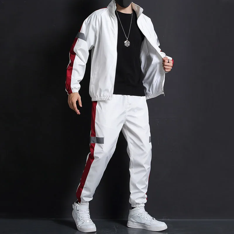 Reflective Sportswear Sets Men Patchwork Hip Hop Tracksuit Suit Male Sweatshirt +Sweatpants Streetwear 2 Pieces Mens Sweat Suits