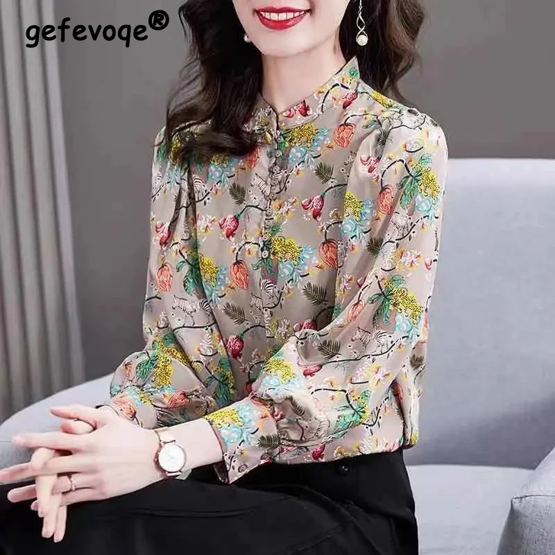 Women Clothes Vintage Floral Print Stand Collar Shirts Spring Autumn Fashion Elegant Blouses Casual Long Sleeve Loose Tops Blusa