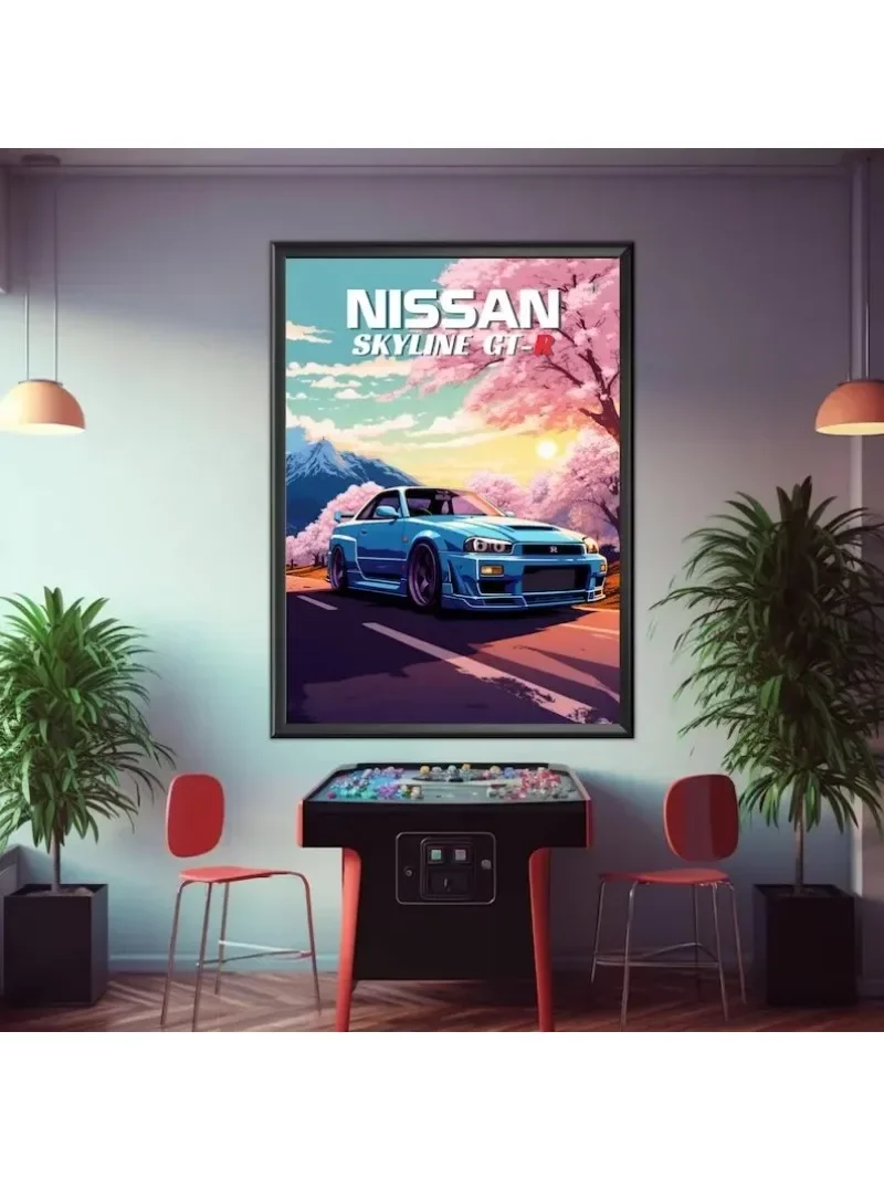 Retro Poster Canvas Painting Japanese Car 1990s Classic Car Nissan Skyline GT-R R34 Wall Art Pictures Home Interior Decor