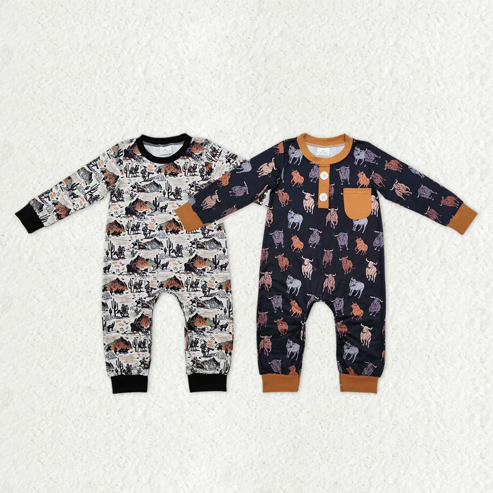 

z1216-12 LR1064 Wholesale baby rompers kids clothes boys catcus western long sleeve romper summer Boutique clothing