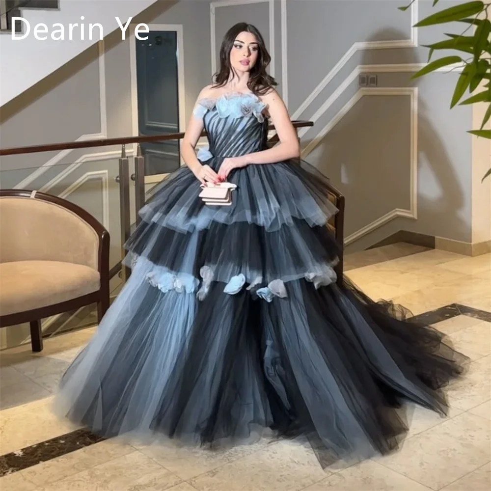 Customized Prom Gown Dearin Strapless Ball Floor Length Skirts Layered Draped Sleeveless 3D Flower Tulle Bespoke Occasion Dresse