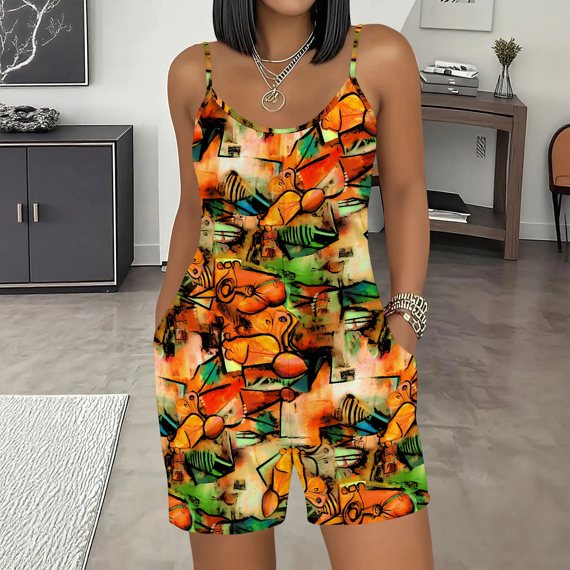 

Abstract Art Print Romper, Sleeveless V-Neck Jumpsuit, Casual Summer Playsuit with Pockets, Women's Beachwear, S-2XL
