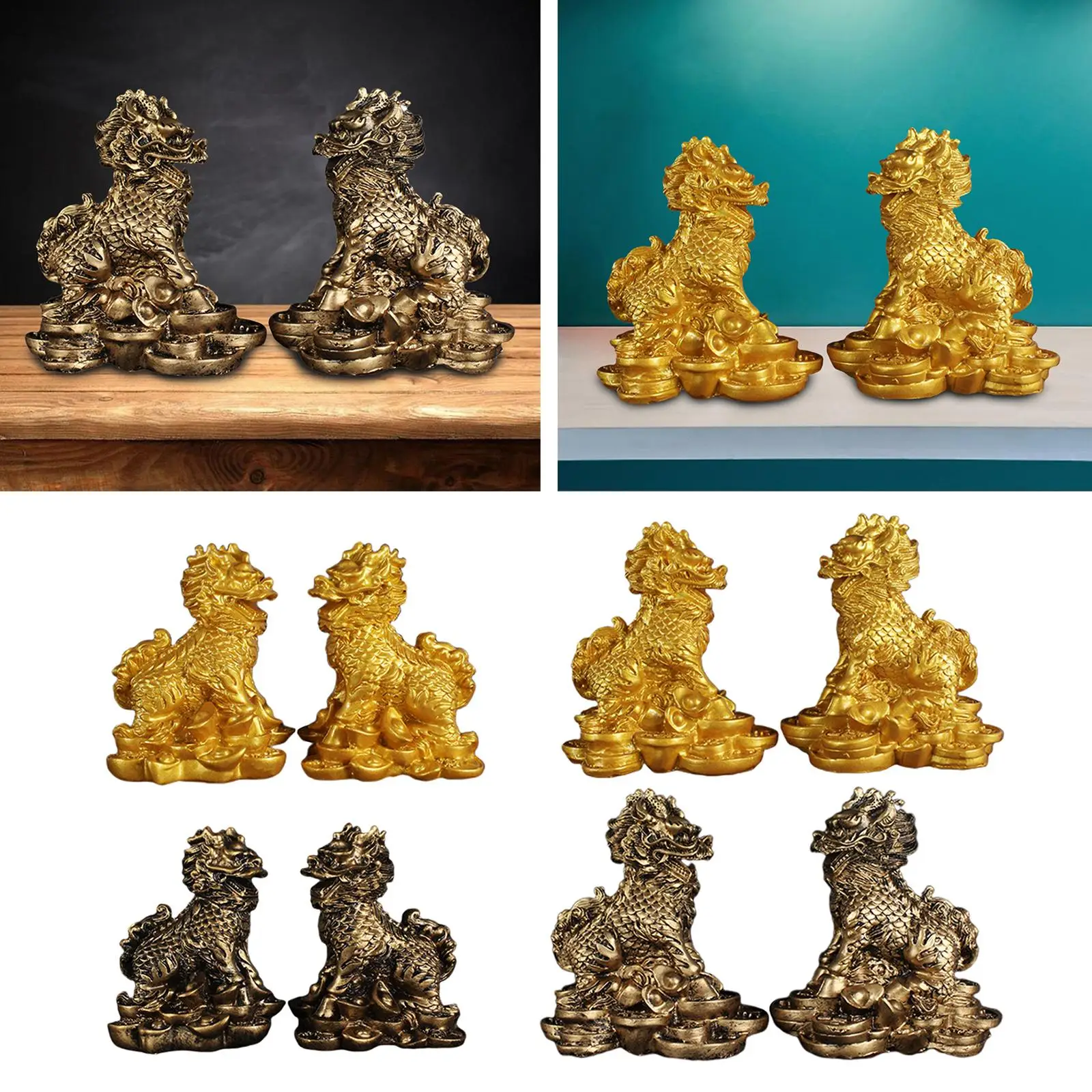 1 Pair Chinese Statue Lucky Kylin Figurines Miniatures Desk Ornaments Feng Shui Decor Fortune Wealth Lucky Gifts Collection