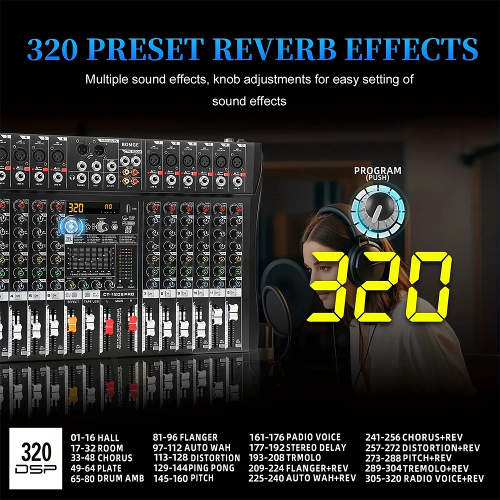 BOMGE Professional 12 Channel Audio Mixer Mixing DJ Console USB with 48V Phantom Power 320 DSP Effects Sound Table for Stage