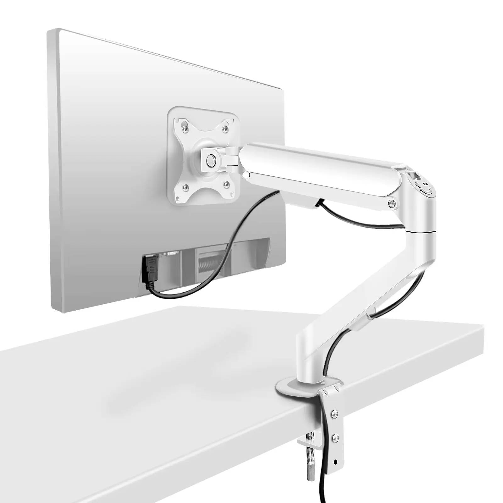 

White Single Monitor Arm Holder 17 to 34 Articulated Gas Spring Arm Adjustable Vesa Desktop Computer Monitor