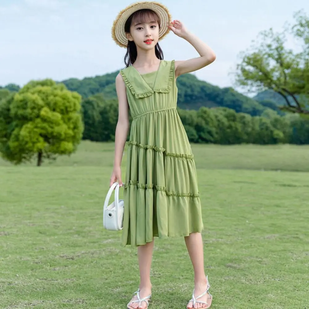 

Elegant Doll Collar Girls Princess Dress Teens Beach Vacation Summer Cake Dress Party Sweet Children Long Dress Holiday