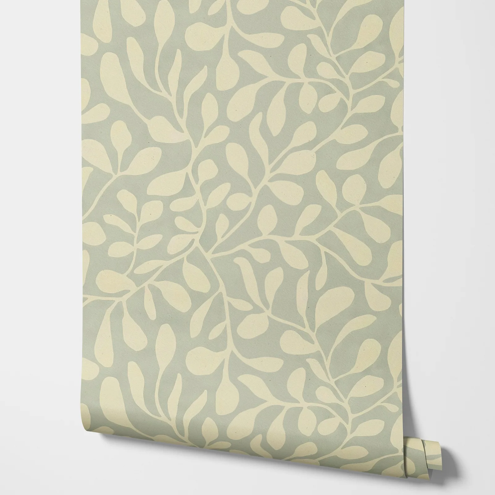 Green Twist leaves Wallpaper, Tropical leaves Wall paper in vintage Green and beige