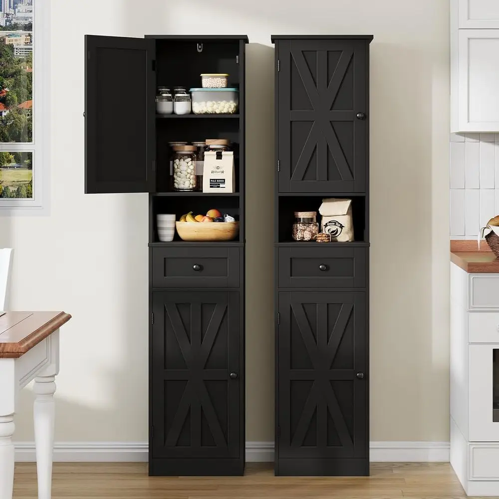 67 Высокоокремочный шкаф для ванной комнаты с 2 дверцами, 1 ящиком, 5 полками, открытым хранилищем, черный