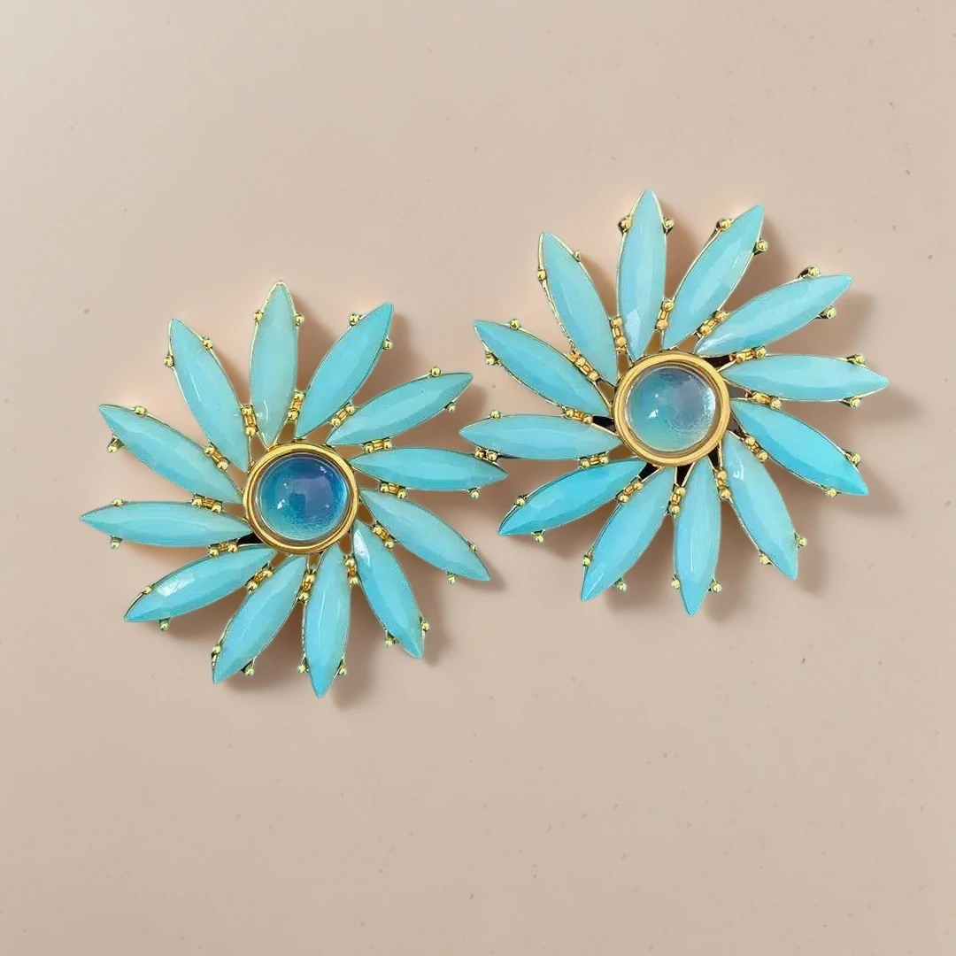 Yuri Ailey Vintage Turquoise Sunflower Clip On Earrings Blue Flower No Piercing Ear Clips Women Elegant Jewelry For Daily Gift