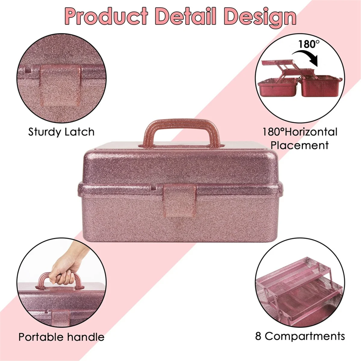 A48I Glitter Pink & Craft Tool Storage Box,3-Layer Stackable Carry Tackle Box Sewing Box Organizer for Art