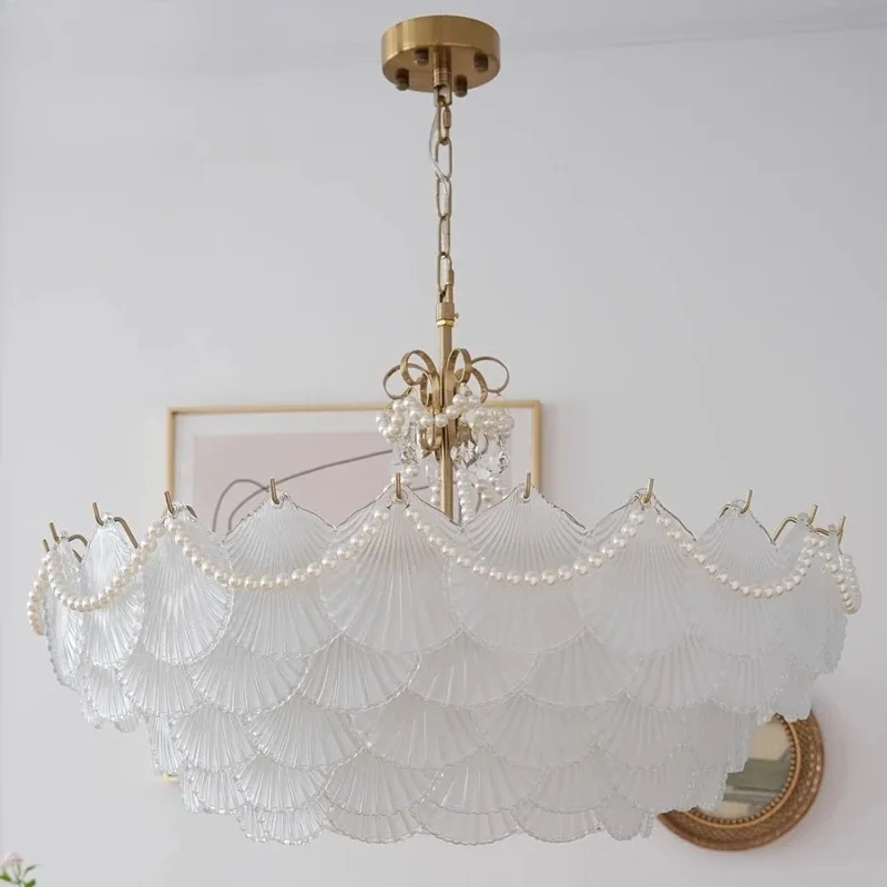 

Французский Ретро Роскошный Жемчужный Орнамент Ракушка Стеклянный Потолочный Подвесной Светильник Светодиодный Спальня Гостиная Ресторан Кабинет Кафе Подвесной Светильник