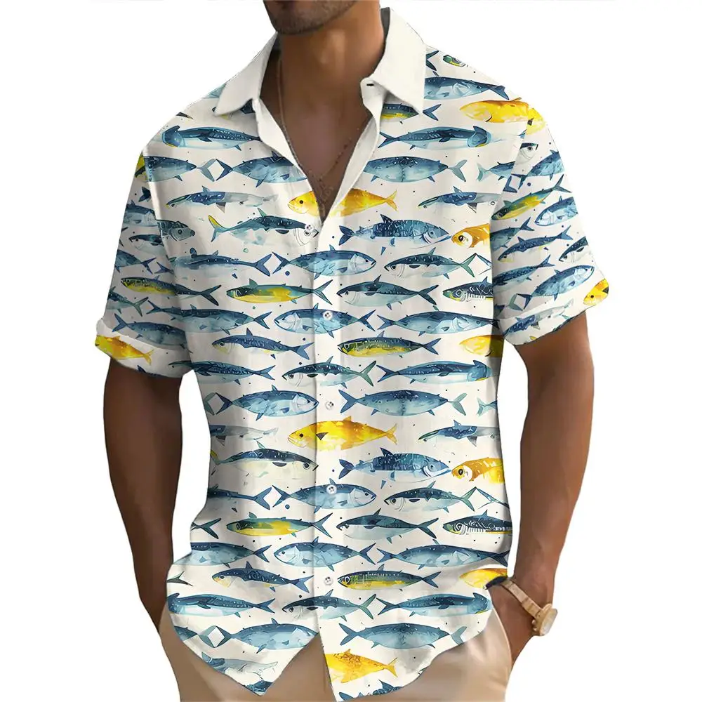 Summer Fashion Ocean Fish Print Men\'s Short Sleeve Casual Printed Tops Seaside Vacation Travel Wear Oversized Tops