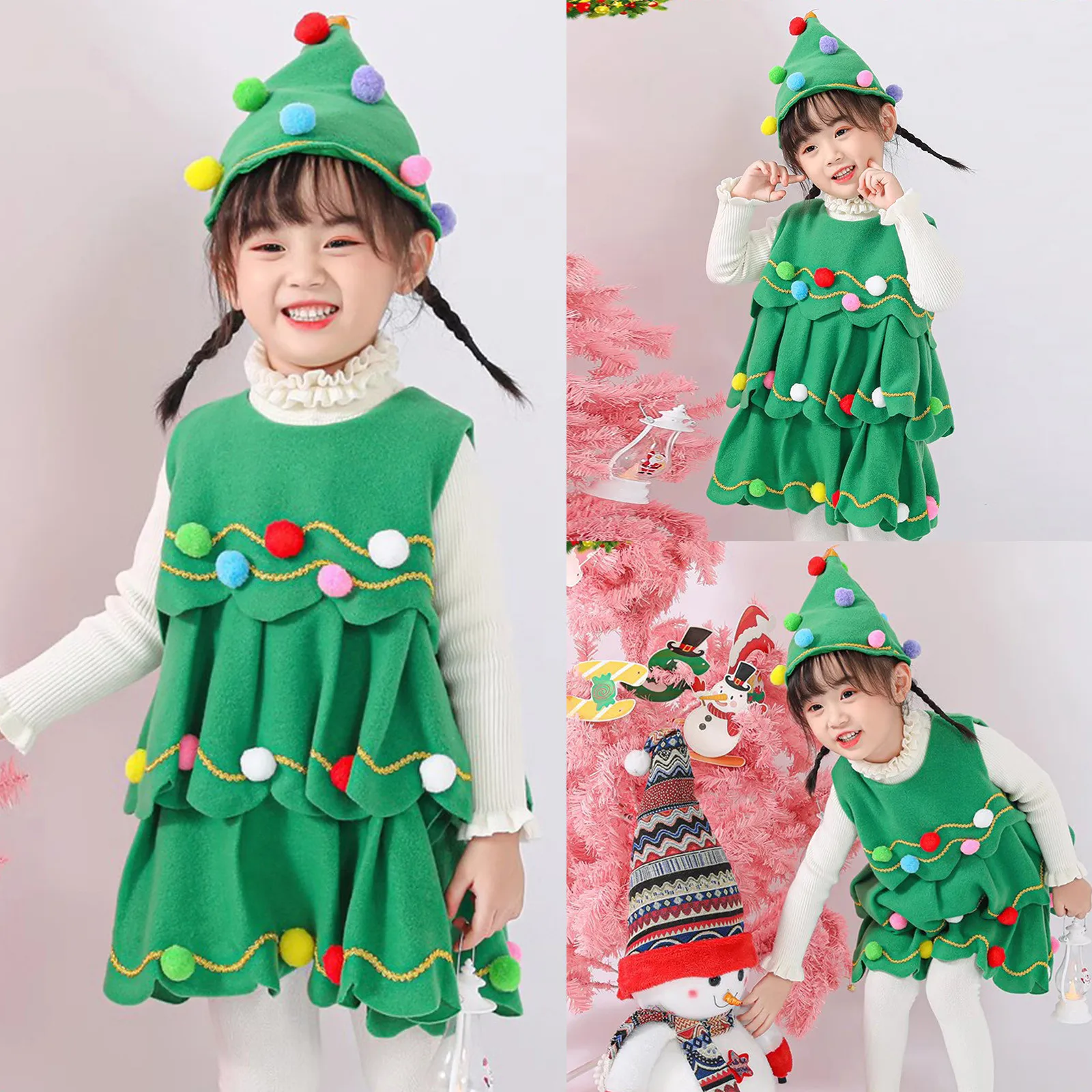 Kids Christmas Costumes 2Pcs Girls Sleeveless Dress + Hat Christmas Tree Shape Fur Ball Decoration Festival Cosplay Clothing