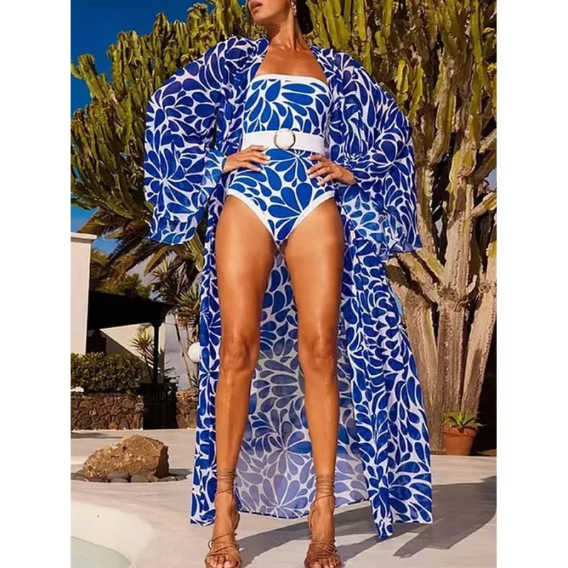 

2024 New Faionable Printed One-Piece Swimsuit Women's Long Sve Thermal Spa Swimsuit Fixed Chest Pad Surf Suit Polyester