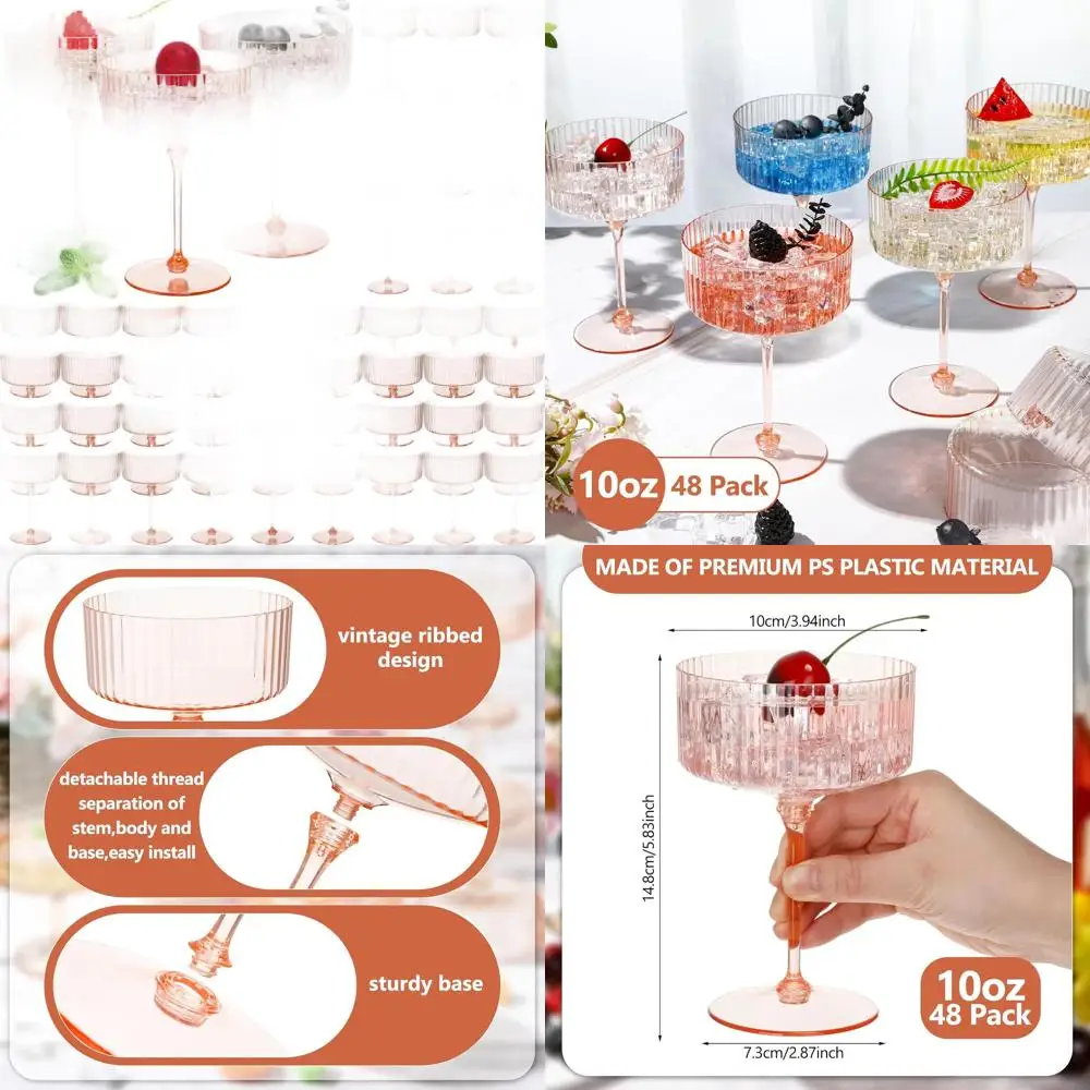 

Винтажные ребристые пластиковые стаканы для мартини на 10 унций, одноразовые для свадеб, дней рождения и вечеринок (порошок шампанского)