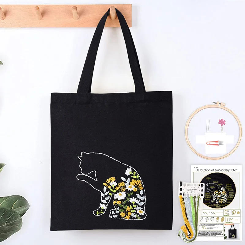 Beginner Canvas Tote Bag Embroidery Kit for Beginner Cat Pattern Cross Stitch Kits Including Stamped Embroidery Bag Hoops Needle