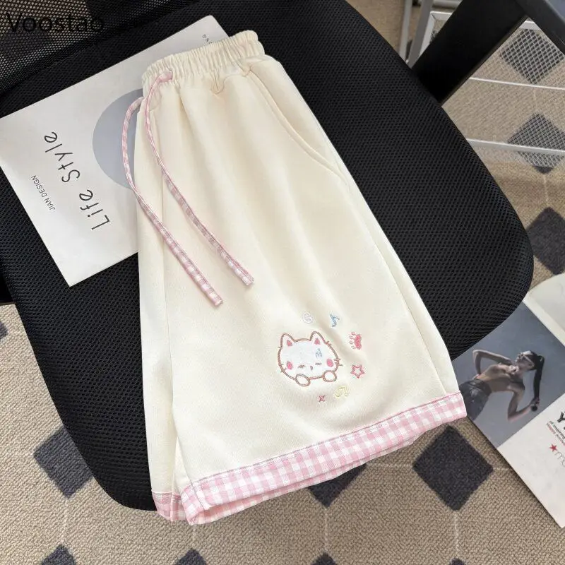 Japanese Sweet Lolita Style Shorts Women Kawaii Cartoon Cat Embroidery Short Pants Y2k Cute Patchwork Plaid Shorts Ropa Mujer