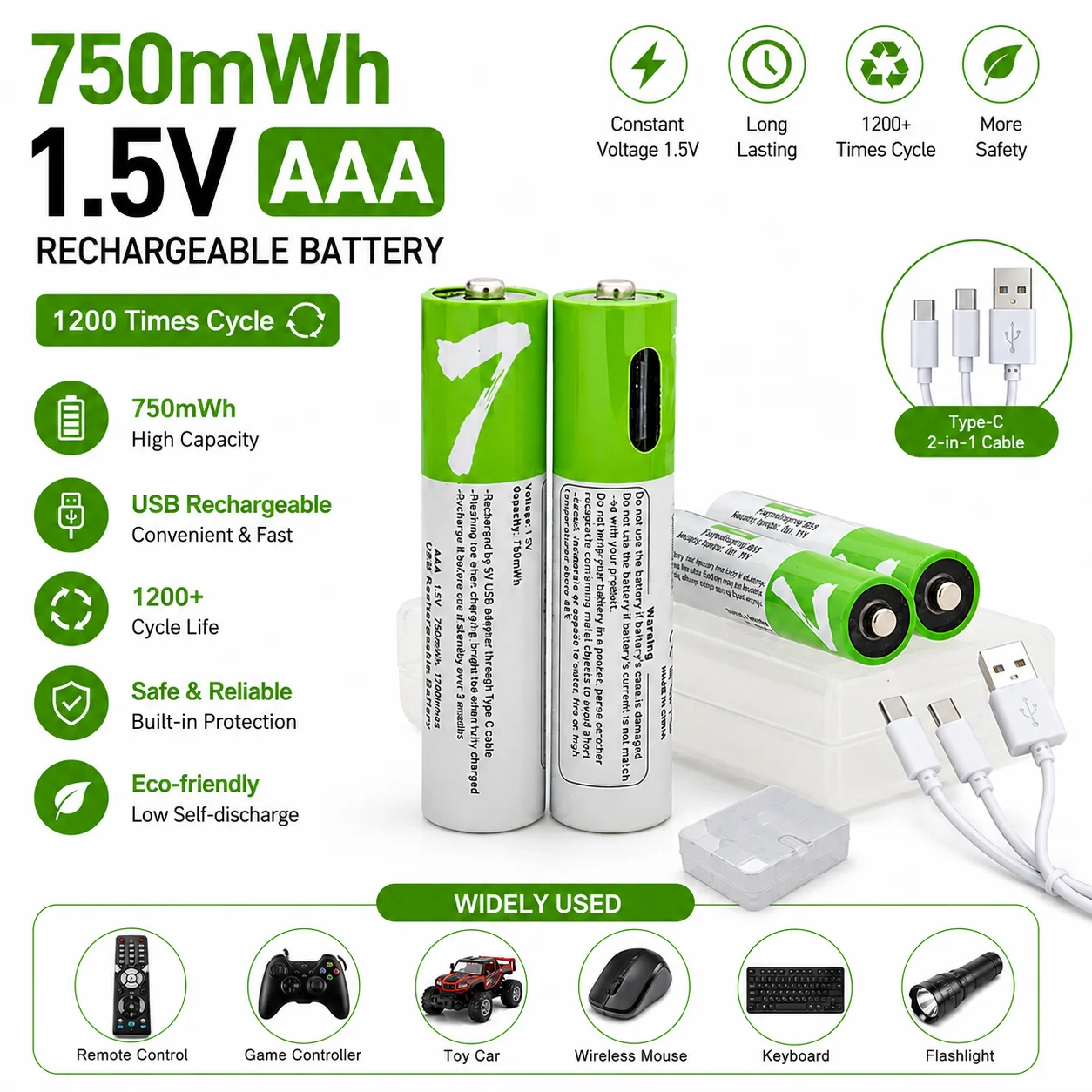 1.5V AAA USB Rechargeable Lithium Battery 750mWh with Type-C Cable for Remote Control Flashlight Alarm Clock