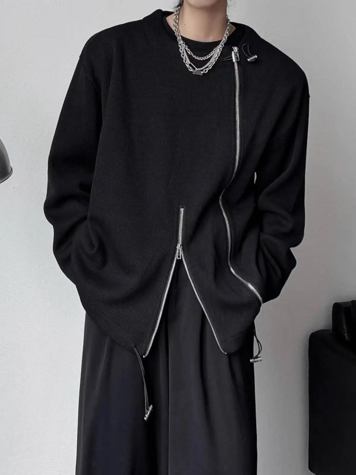 

Unisex Sweatshirt Men's Autumn Man Women Sweater Metal Double Zip Design Dark O-Neck Pullover Niche Casual Loose T-shirt