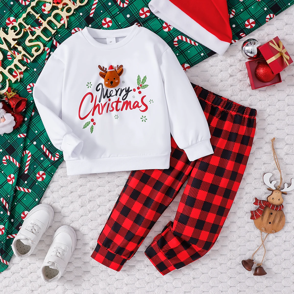 2Pcs Baby Girl Christmas Outfit Reindeer Merry Christmas Cute Print Sweatshirt + PantsToddler Xmas Clothing Set for 4-7 Kids