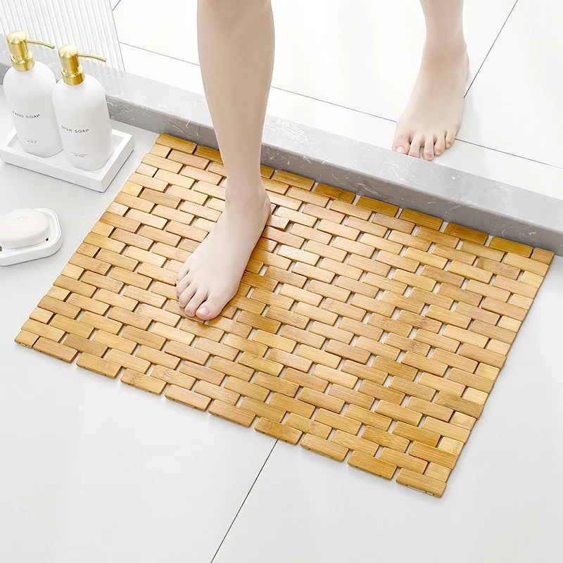 Natural Wood Grain Bath Mat - Textured Bamboo Floor Mat for Elderly Safety Slip-Resistant Shower Rug with Gentle Massage Effect
