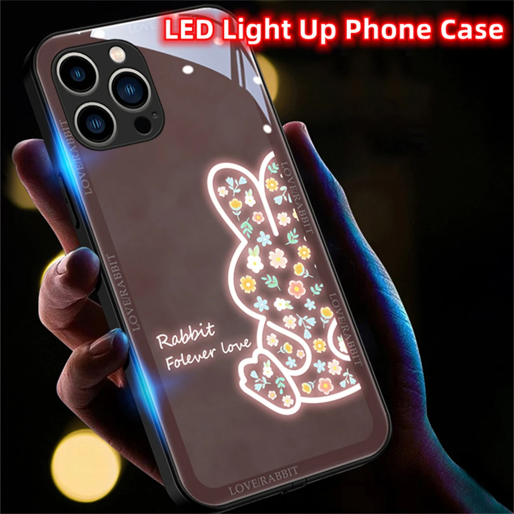 

2024 Lovely Floral Bunny Design Smart LED Light Glow Tempered Glass Phone Case For Samsung S23 S22 S21 S20 FE Note 20 Plus Ultra