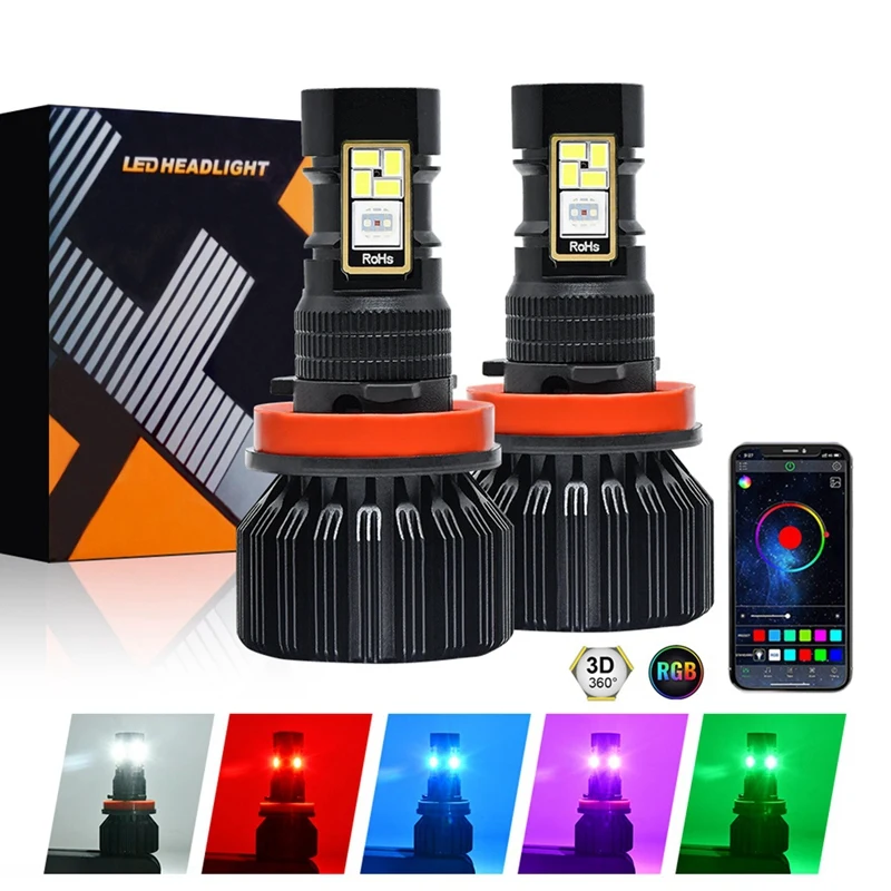 Car LED RGB Headlight APP Bluetooth-Compatible Control Multi Colors LED Fog Lights Bulbs