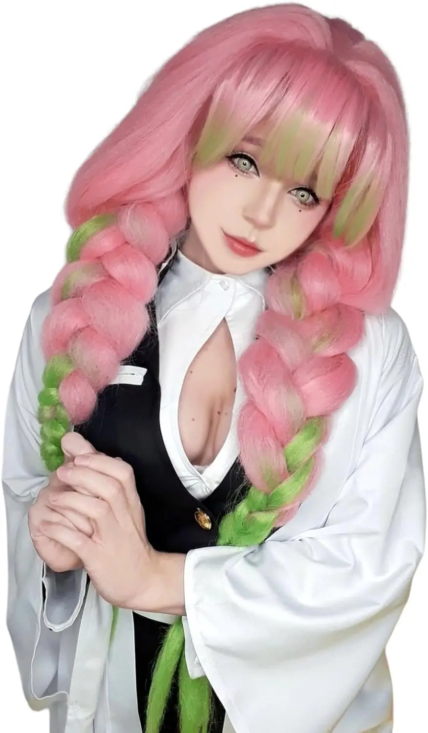 80cm Long Pink Green Braid Heat Resistant Women Hair High Quality Puffy Yaki Wigs Anime Mitsuri Kanroji Cosplay Synthetic Wig