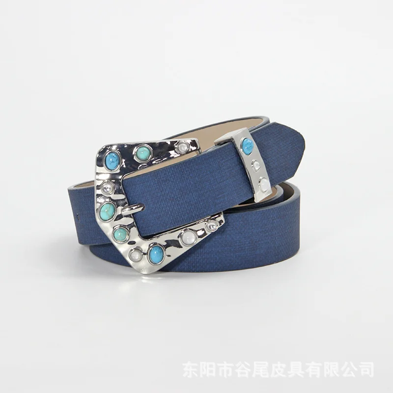 Sky blue inlaid buckle belt classic literary style women's decorative belt women