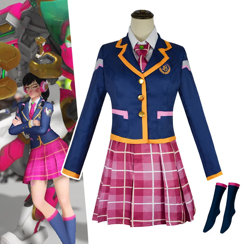 

Game Overwatch D.Va Cosplay Costume Youth Campus Uniform Anime Dva Jacket Short Skirt Tie Woman Party Halloween Costume