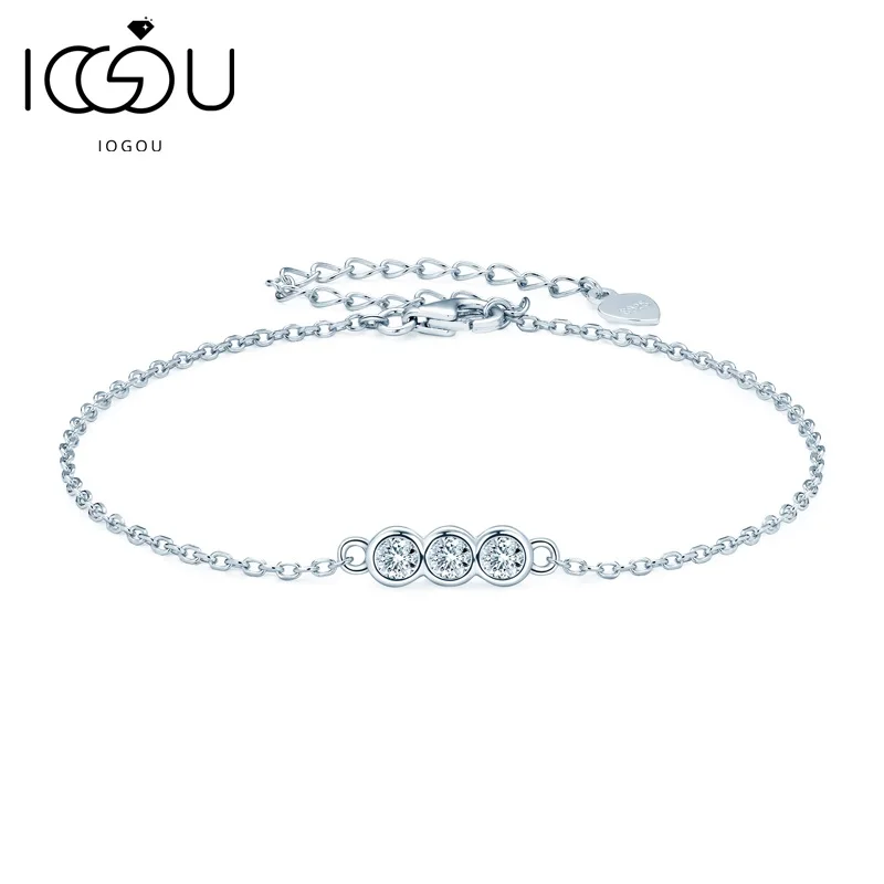 

IOGOU Moissanite Bracelet 3mm Round D Color Simple Three Stone Real Silver Bracelets 925 Accessories Women's Fine Jewelry Gift