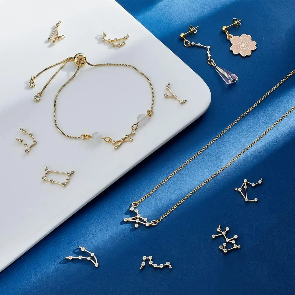 12pcs Golden 12 Constellations Links, 18K Gold Brass Sign Linking Charms Pendant Connectors Horoscope Sign Link for DIY