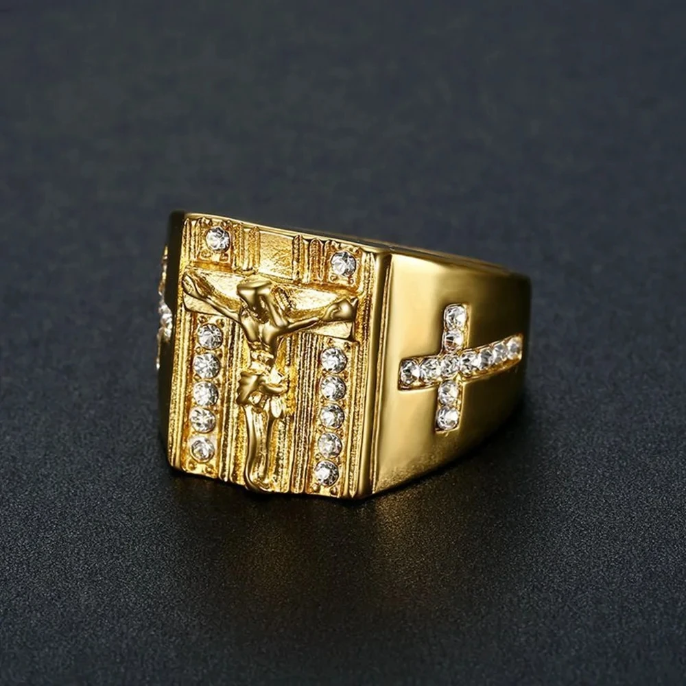 Hip Hop Iced Out Religious Jesus Cross Ring Gold Color Stainless Steel Christian Rings For Women & Men Wholesale Anel Masculino