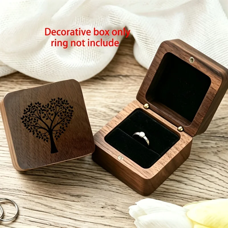 2D Wooden Ring Box Love Tree Pattern Wooden Keepsake Jewelry Engagement Ring Couple Jewelry Storage Suitable Proposals Weddings
