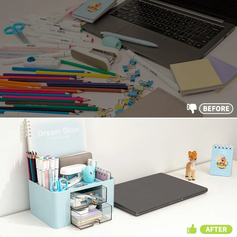 منظم مكتب مع حامل أقلام رصاص متعدد الوظائف بدرجين لمنظمي المكتب والتخزين مع 7 مقصورات لسطح المكتب