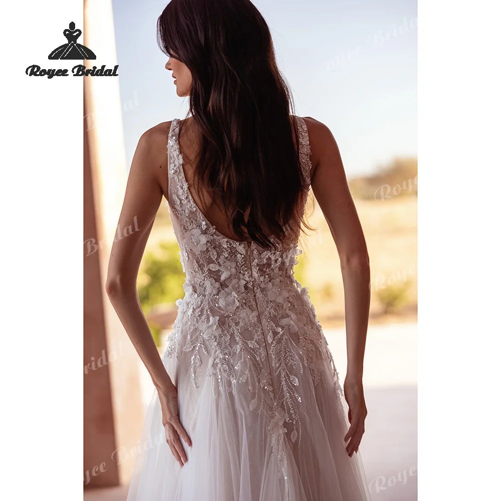 Suknie ślubne z tiulu z dekoltem w serek, aplikacjami, o kroju litery A, bez pleców, z trójwymiarowymi kwiatami i koralikami, na plażę, na zamówienie, vestido de novia 2026