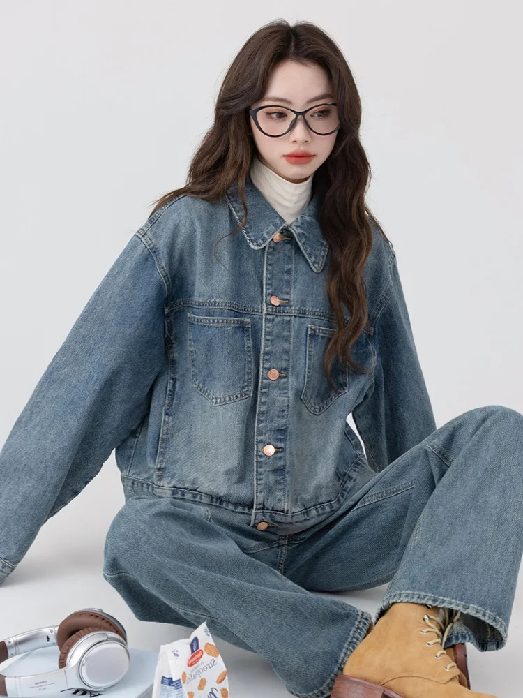 Damska kurtka jeansowa w stylu retro Hong Kong, luźna, uniwersalna, wyszczuplająca, zapinana na guziki, z kołnierzykiem, długa rękaw.