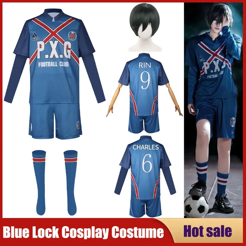 

Anime Blue Lock NO.9 Rin Itoshi Cosplay Costume P.X.G T-shirt Shorts Wig Football Jersey Charles Karasu NO.6 Sportswear Outfits