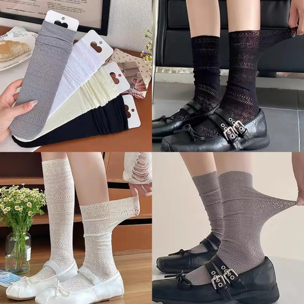 

JK Sweet White Pile Socks For Women Mesh Hollowed Out Thin Nylon Silk Retro Flower Lace Socks Ladies Transparent Crew Socks