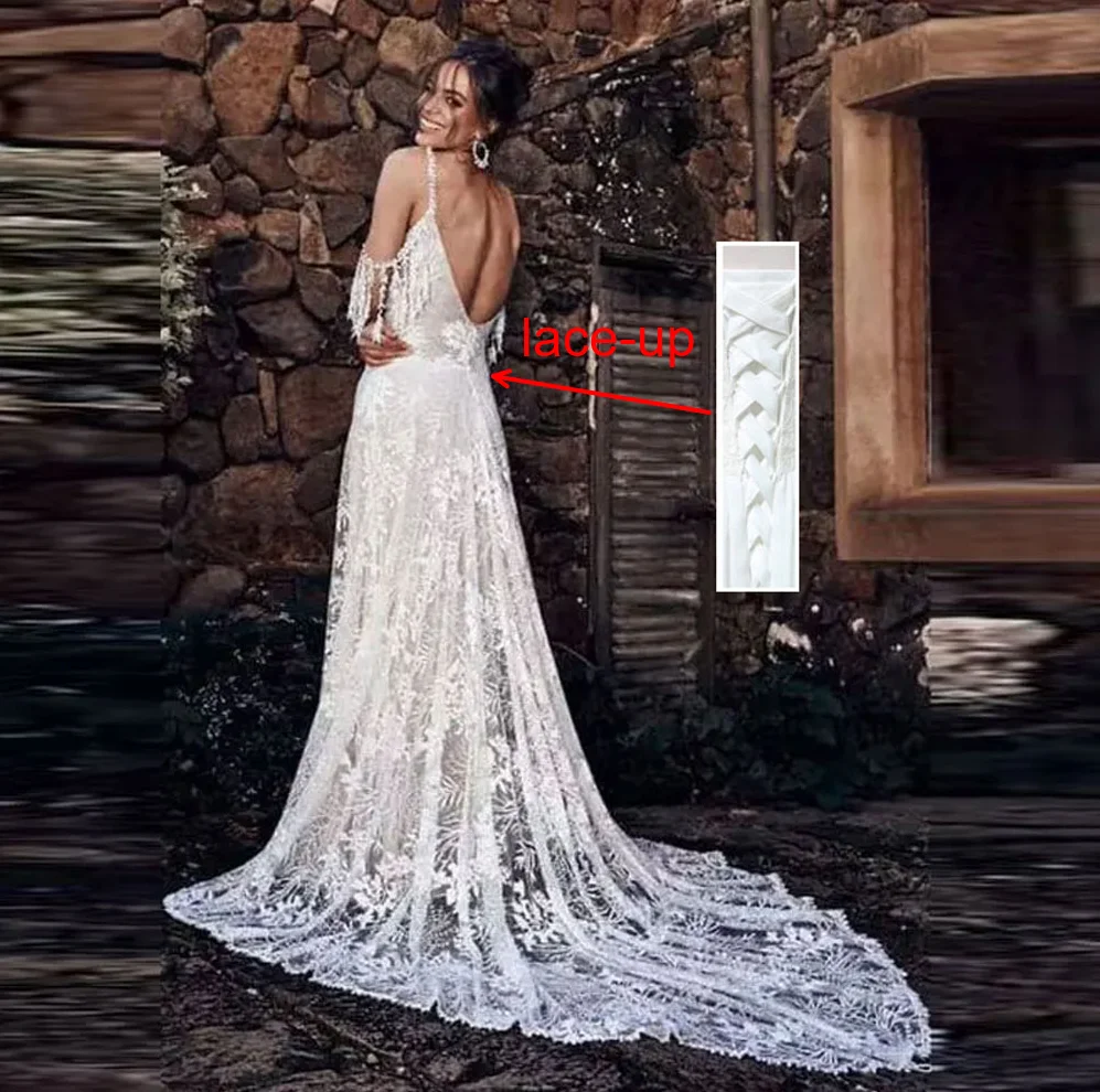 Neuer Stil Boho Spitze Brautkleider V-Ausschnitt Spaghetti träger lange Kleider A-Linie Sweep Zug Vestido de Novia elegante Schnürung zurück