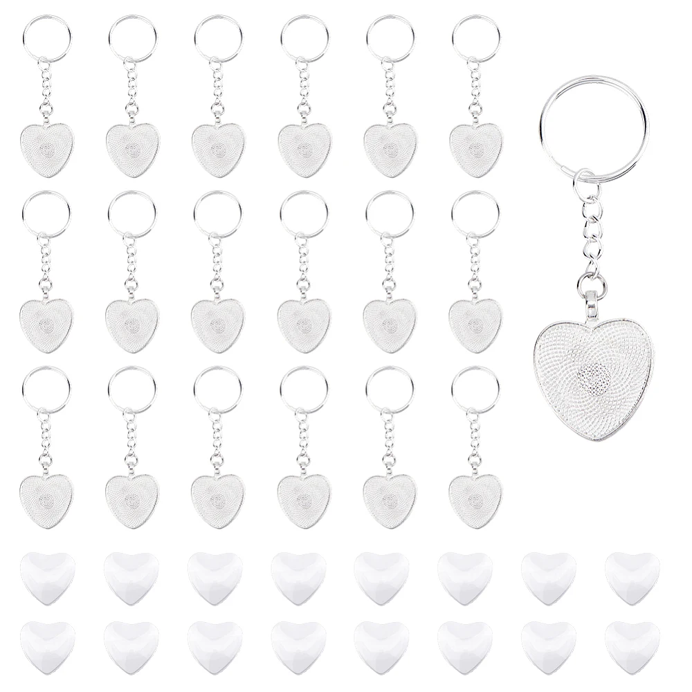 20 Sets Cabochon Keychain Kit Silver Blanks Bezel Trays Charm Alloy Heart Shaped Pendant Trays with 20Pcs Heart Glass Cabochons