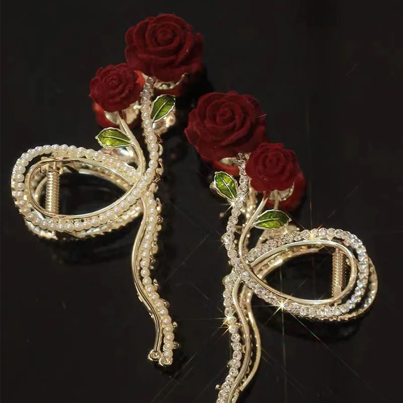 Retro Rhinestone Rose Grasp Clip Women's Ponytail Shark Clip Hair Claw For Women Girls Party Ponytail Hair Claw Hair Accessories